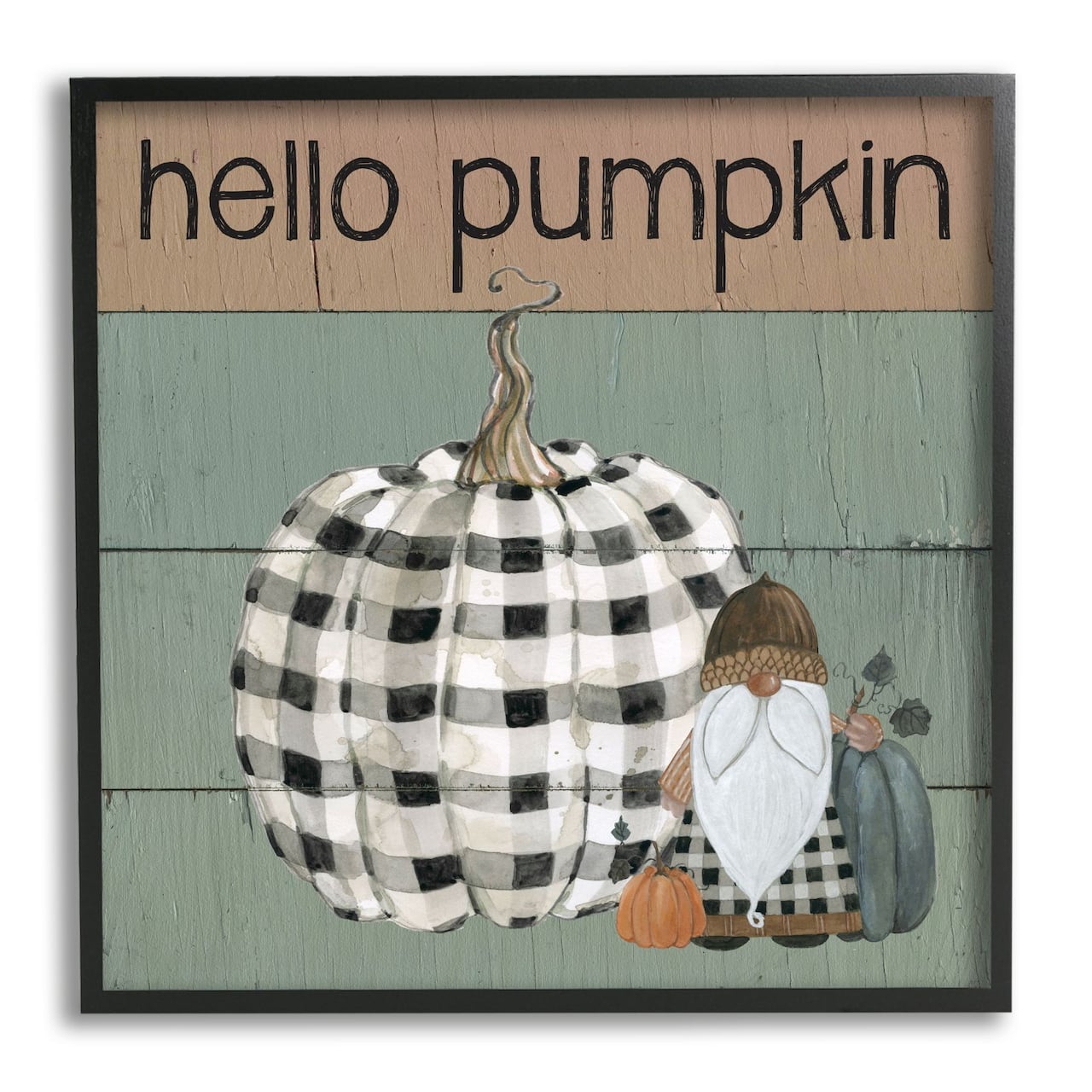 Stupell Industries Hello Pumpkin Rustic Greeting Patchwork Plaid Gnome Framed Wall Art